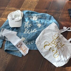 David's Bridal Blue Jean Jacket with White Floral Embroidery along with acc.